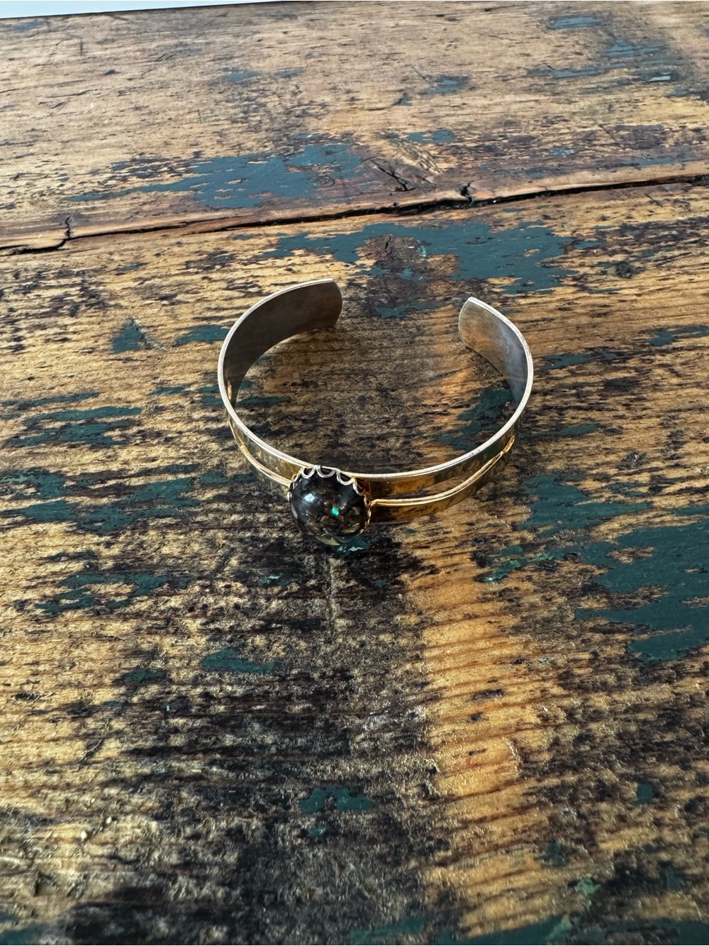 Gold Toned Cuff Bracelet with Mosaic Amorite or Mother of Pearl Stone